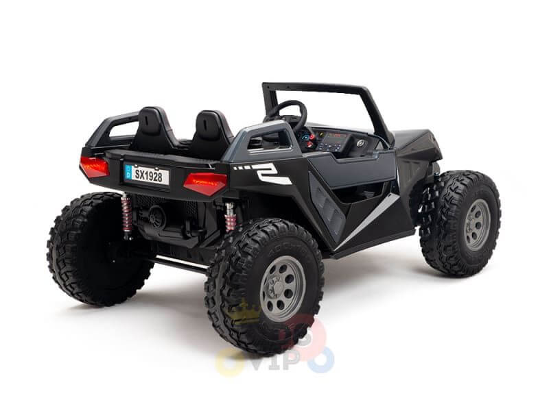 The Black 24V/4X4 Dune Buggy Ride On UTV is a two-seater kids vehicle with large rubber wheels, an open cabin, roll cage, and visible dashboard. Shown from the rear and side against a white background, its equipped for adventures with its sleek design.