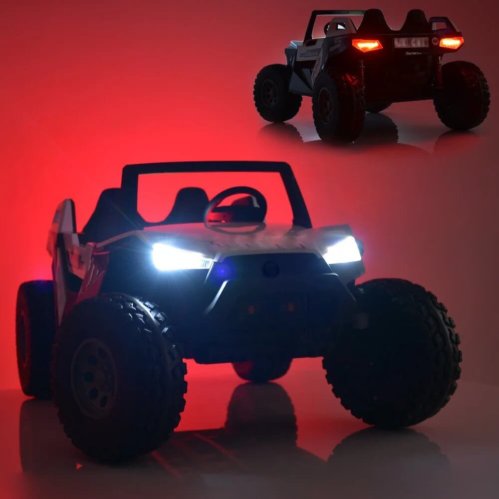 The Red 24V/4X4 Dune Buggy Ride On UTV features large wheels and glowing headlights, showcased from the front against a red gradient background. A smaller image on top reveals its rear view with taillights. This Kids XXL Edition includes rubber wheels and a parental remote control for safety and fun.