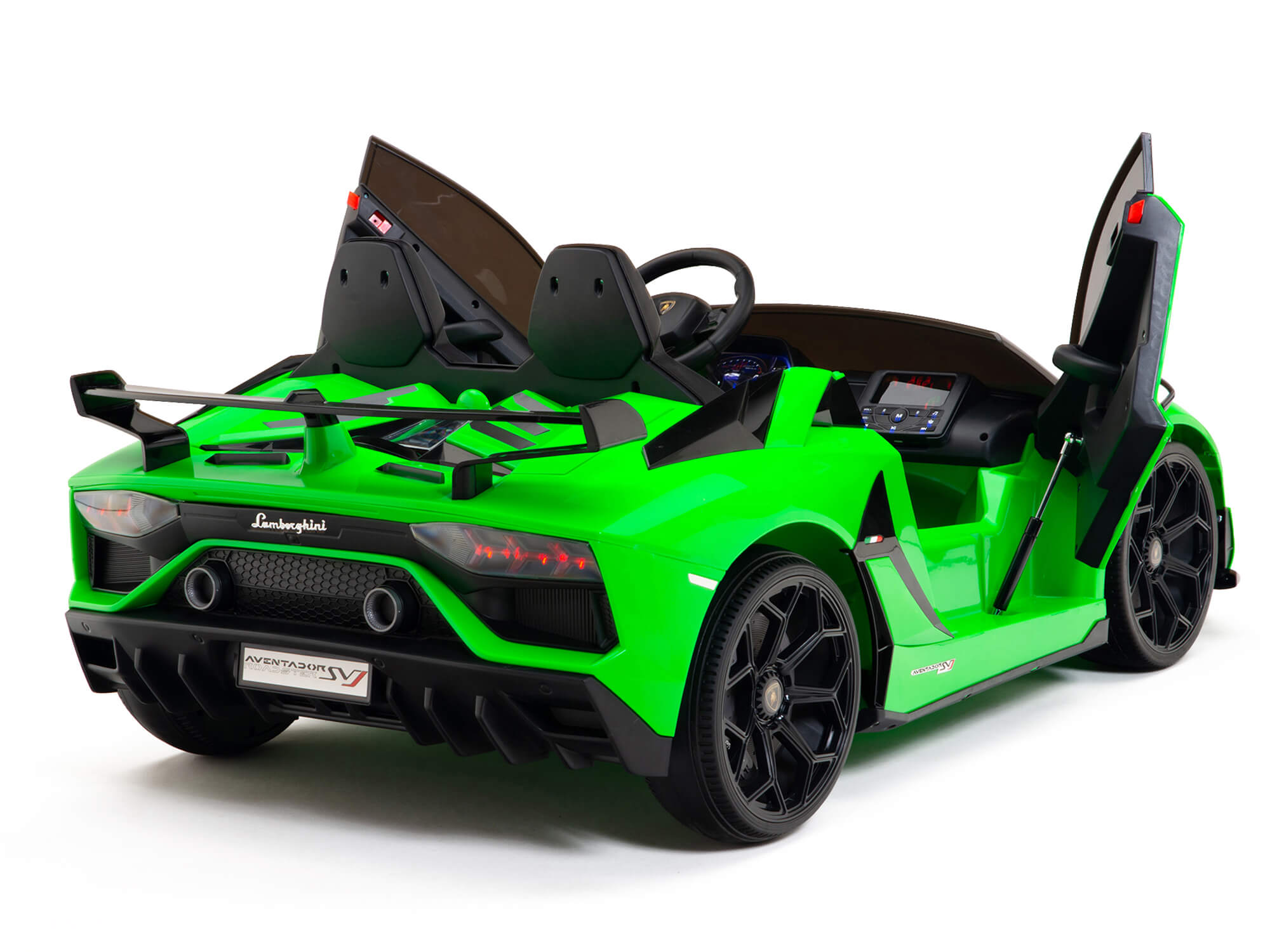 The Upgrade Your Ride with the Official 24v Lamborghini SVJ Drifting Kids Ride on Car boasts a vibrant green body, scissor doors, and detailed interior. It resembles an Aventador with its sporty design and black wheels. Dual HP motors offer thrill, while a parental remote ensures safety.