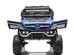 The Blue Official 12V Mercedes Unimog Junior 4X4 Kids Ride On UTV features large tires, a logo-adorned grille, and mounted headlights. Designed for kids with rugged off-road style, it offers an exciting drive and remote control capability.