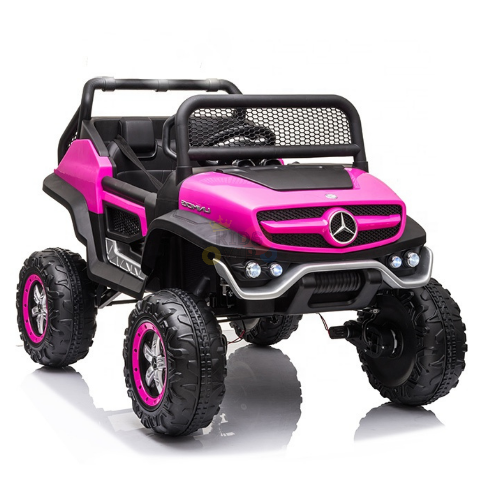 The Pink 12V/4X4 Official Mercedes Unimog Junior Ride On UTV features rugged black wheels, roll bars, a black grille, and comes with a Remote Control for added fun.