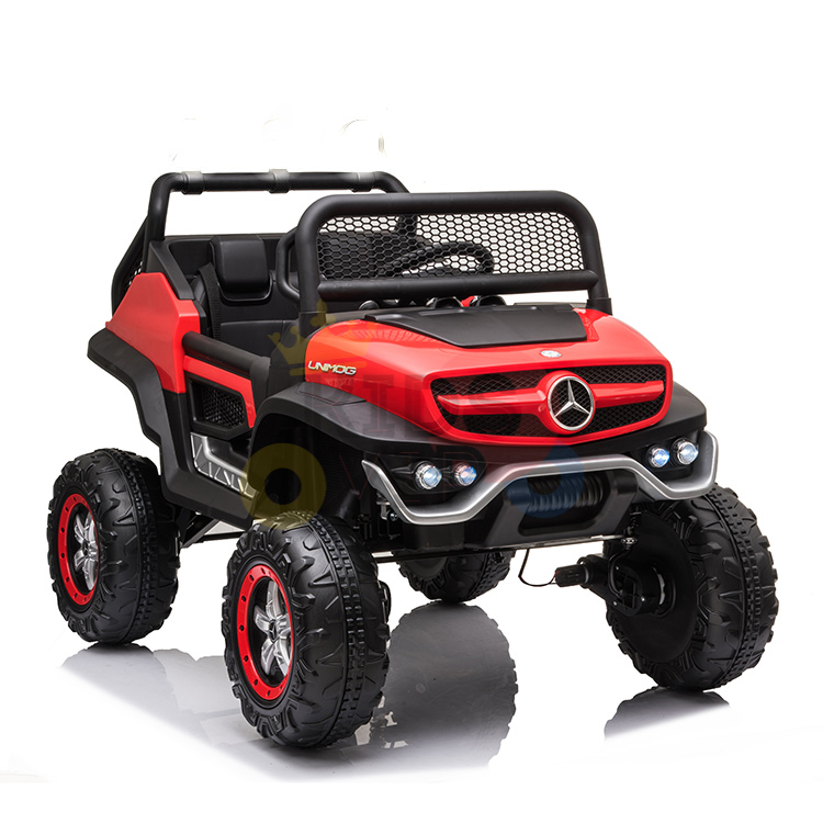 The Red 12V/4X4 Official Mercedes Unimog Junior Ride On UTV features large wheels and a net-like windshield cover for adventurous play. Styled in red and black, it includes a small seat and steering wheel. An optional remote control allows for enhanced parental supervision.