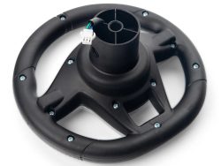 The 12V Mercedes GLS63 2 Seater Steering Wheel in black, available at kidsviponline, includes a central mounting hub and connector. Its sleek matte finish and ergonomic grips make it ideal for simulation gameplay. Note: This is a final sale item and cannot be returned or exchanged.