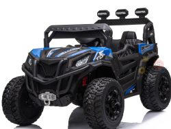The Upgraded 12V Junior Sport Utility Ride On Buggy/UTV 4WD Edition features a blue-and-black design with rugged tires, roll cage, four top-mounted headlights, front winch, side decals, and remote control for exciting off-road adventure play.