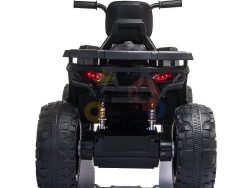 Rear view of the Black 24V Titan Ride On Quad/ATV for Kids, featuring large rubber wheels, two handlebars, red taillight accents, and a sleek leather seat, set against a white background.