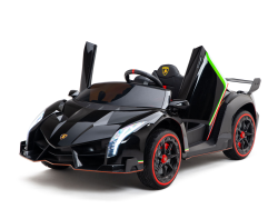The Black 2X12V Limited Edition 4WD Lamborghini Veneno Ride-On Car for kids features scissor doors, red-trimmed wheels, a realistic front grille, and a small steering wheel. It has two seats and includes a parental remote control for added safety.
.