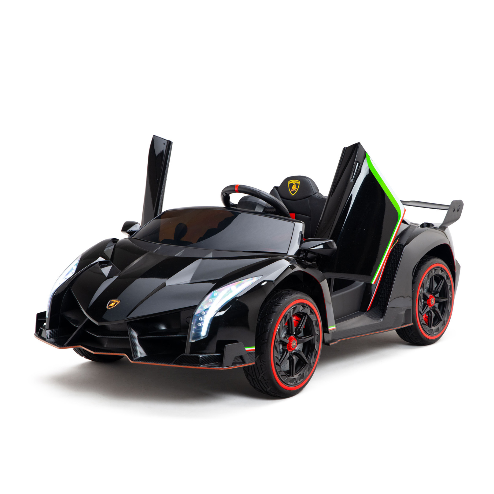 The Black 2X12V Limited Edition 4WD Lamborghini Veneno Ride-On Car for kids features scissor doors, red-trimmed wheels, a realistic front grille, and a small steering wheel. It has two seats and includes a parental remote control for added safety.
.