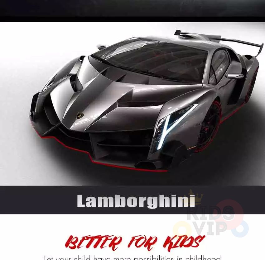 A sleek black Lamborghini Veneno with sharp, angular design and LED headlights. The image features Lamborghini and Better for Kids in red script below the car, suggesting its a Black 2X12V Limited Edition 4WD Ride on Car with Parental Remote Control. A white-to-gray gradient serves as the background.