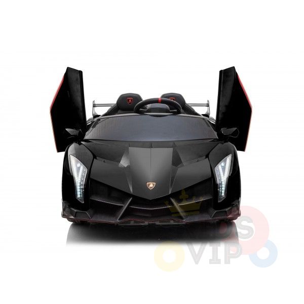 The Black 2X12V Limited Edition 4WD Lamborghini Veneno Ride-On Car, RC, features a sleek design with vertical scissor doors and angular headlights. This 2-seater toy car includes parental remote control for safety, offering an upscale driving experience for kids.