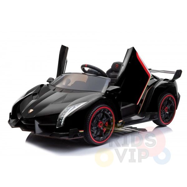 The Black 2X12V Limited Edition 4WD Lamborghini Veneno Ride on Car features realistic front lights, open scissor doors, and detailed tires. Inside, a steering wheel and seat create an intricate design perfect for young drivers seeking adventure.