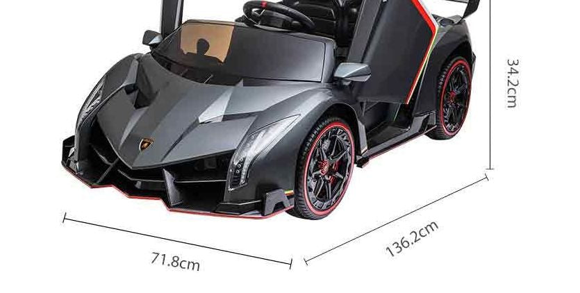 A black 2-seater Lamborghini Veneno kids car, styled as a luxury toy with red accents and detailed wheels, features an open right door. This sleek ride-on measures 136.2 cm in length, 71.8 cm in width, and 34.2 cm in height and is called the Black 2X12V Limited Edition 4WD Lamborghini Veneno Ride on Car, RC.