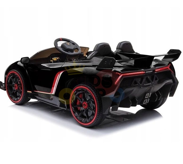 The Black 2X12V Limited Edition 4WD Lamborghini Veneno Ride on Car, RC, offers a sporty design with red accents, a steering wheel, realistic details like red-lined wheels and an aggressive rear spoiler. It includes a Parental Remote Control for added safety.