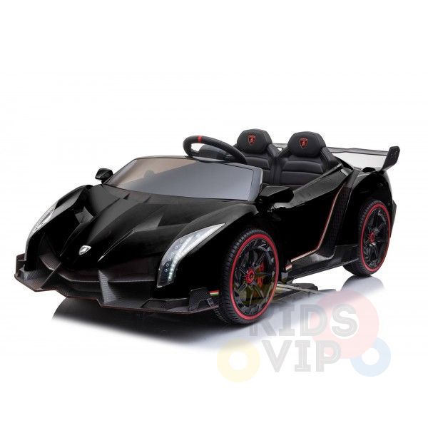 The Black 2X12V Limited Edition 4WD Lamborghini Veneno Ride-on Car, RC, is a stylish 2-seater kids car featuring a sporty design with red accents, working headlights, detailed wheels, steering wheel, and side branding. It includes parental remote control for enhanced safety.