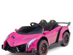 The Pink 2X12V Limited Edition 4WD Lamborghini Veneno Ride on Car boasts a vibrant pink shade, sleek design with black accents, red wheel trims, and dual seats. Crafted for kids, it features a steering wheel and realistic details for an authentic driving experience.