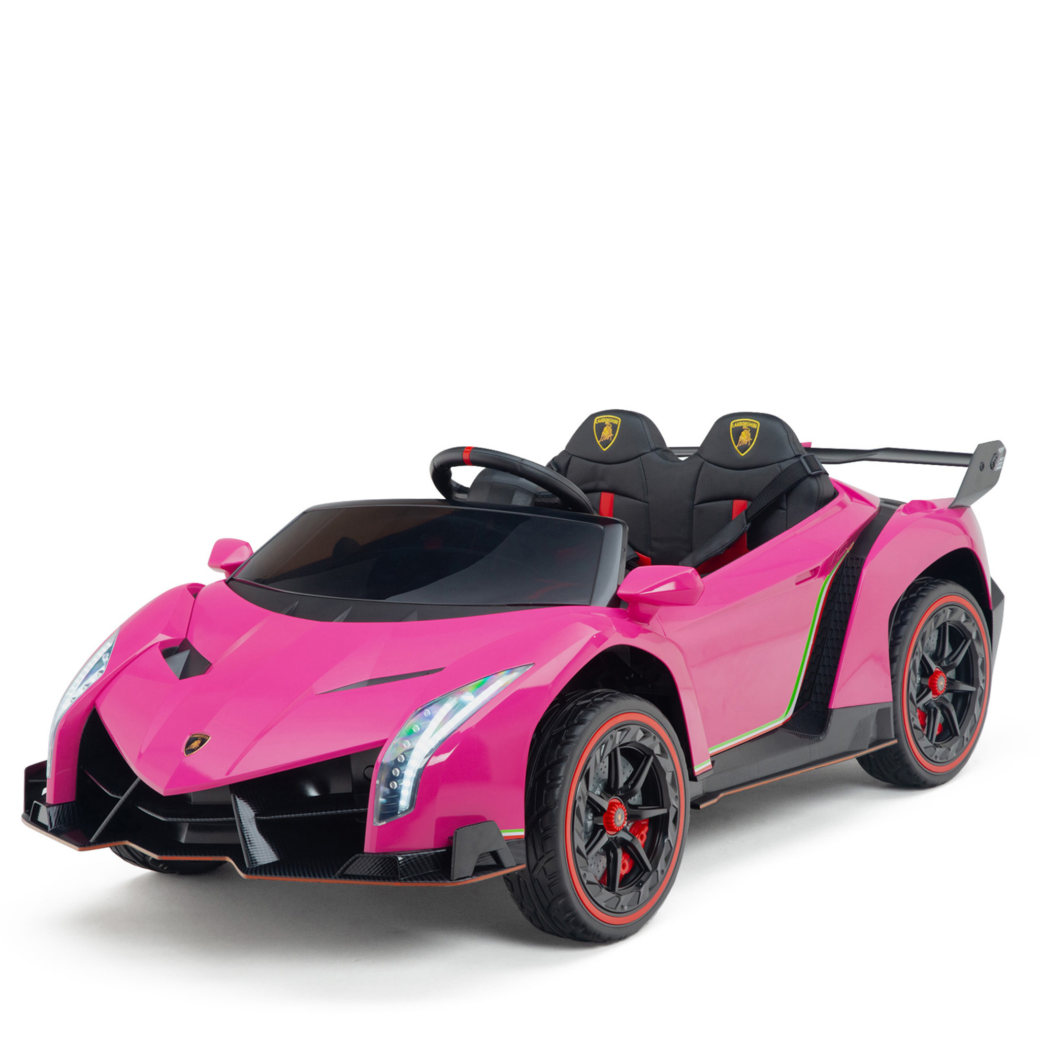 The Pink 2X12V Limited Edition 4WD Lamborghini Veneno Ride on Car boasts a vibrant pink shade, sleek design with black accents, red wheel trims, and dual seats. Crafted for kids, it features a steering wheel and realistic details for an authentic driving experience.