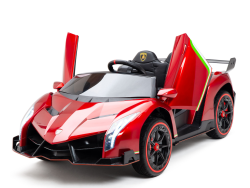 The Red 2X12V Limited Edition 4WD Lamborghini Veneno Ride On Car features scissor doors and black accents with a luxurious black interior. This limited edition 2-seater is perfect for young adventurers, with a remote control option for parents to join the fun.