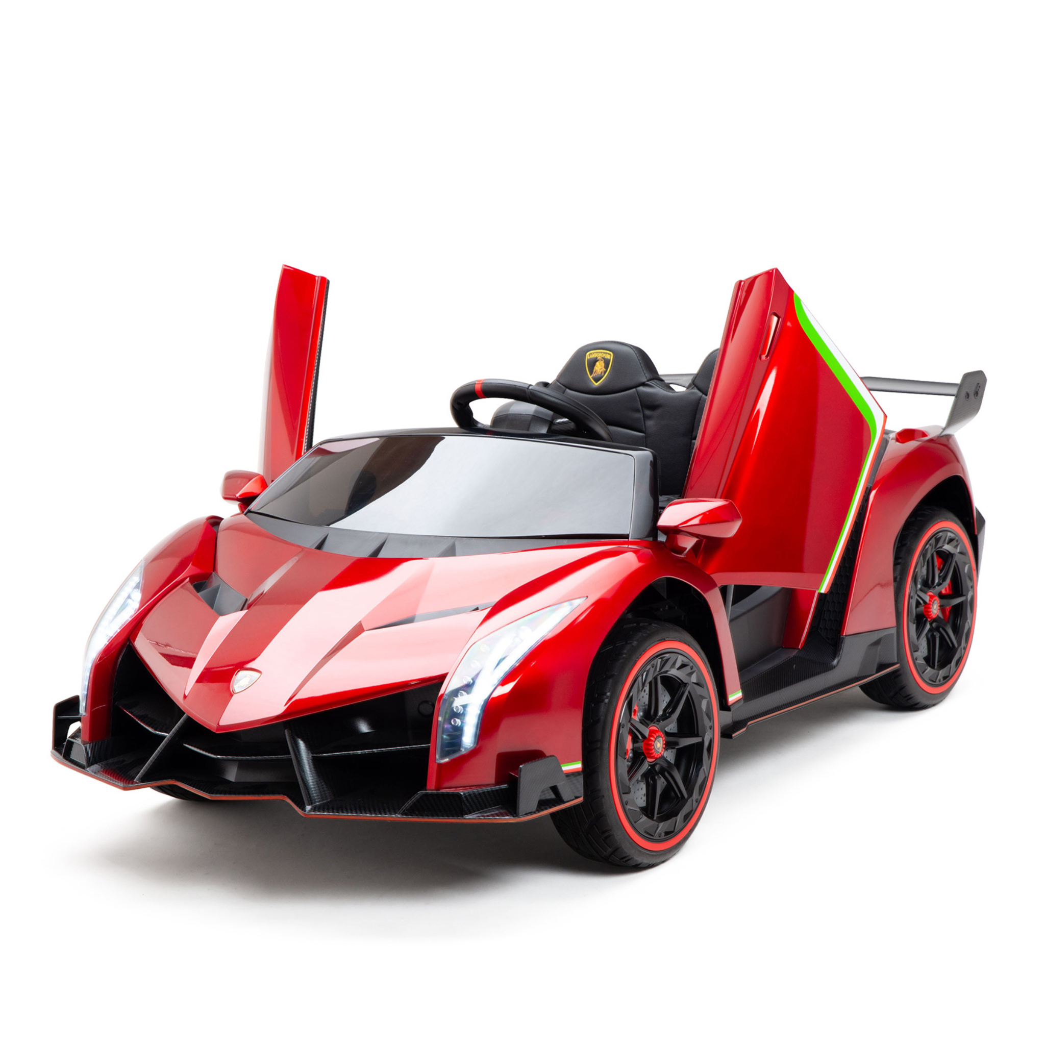The Red 2X12V Limited Edition 4WD Lamborghini Veneno Ride On Car features scissor doors and black accents with a luxurious black interior. This limited edition 2-seater is perfect for young adventurers, with a remote control option for parents to join the fun.