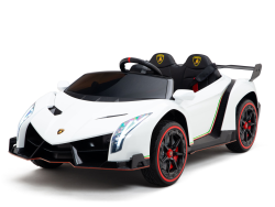 The White 2X12V Limited Edition 4WD Lamborghini Veneno Ride on Car, RC features a sleek sporty design with black and red accents, detailed headlights, two seats, a steering wheel, and a rear wing, all on black wheels with striking red rim accents.