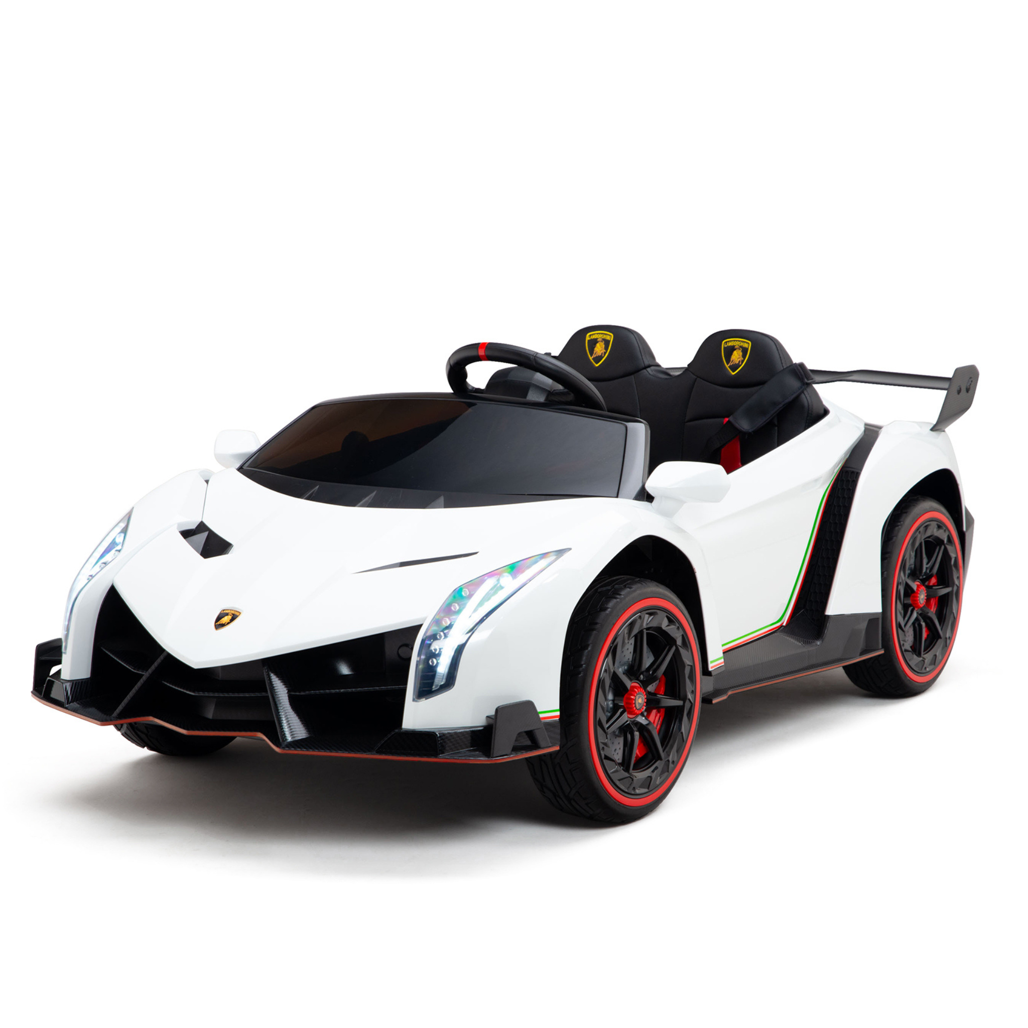 The White 2X12V Limited Edition 4WD Lamborghini Veneno Ride on Car, RC features a sleek sporty design with black and red accents, detailed headlights, two seats, a steering wheel, and a rear wing, all on black wheels with striking red rim accents.