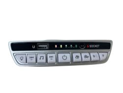 The 12V Mercedes-Benz G63 Soundboard is a sleek silver gadget featuring music control buttons, a USB port, LED indicators, and seamless play/pause/skip/power functions. Perfect for your kidsviponline ride-on car. Socket is labeled near the top right.