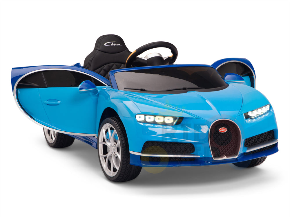 The Blue 12V Bugatti Chiron Kids Ride On Car resembles a luxury sports car, featuring open doors, sleek curves, a detailed grille, LED-style headlights, rubber wheels, a black seat, and a shiny finish.