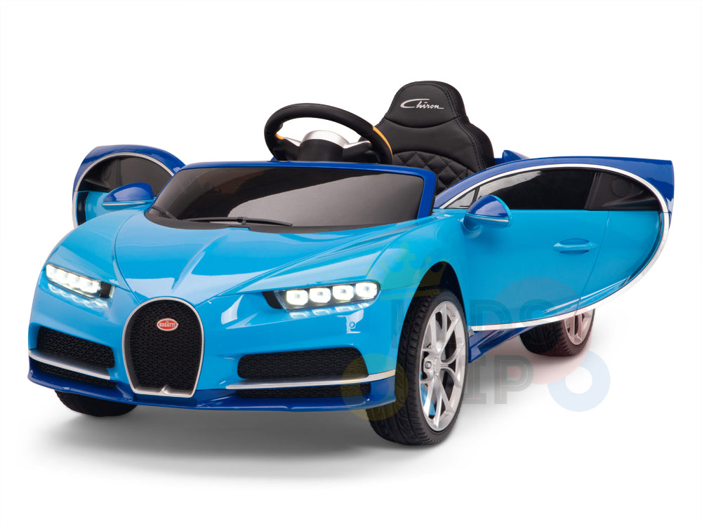 A Blue 12V Bugatti Chiron Kids Licensed 1 Seater Ride-On Car with doors open features a detailed steering wheel, sleek design, shiny rubber wheels, and a Chicos headrest. It includes a remote control for added fun.