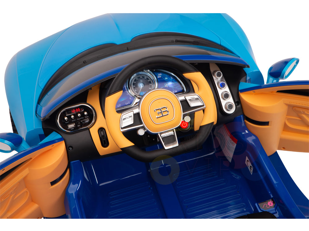 The image shows the interior of a Blue 12V Bugatti Chiron Kids Licensed 1-Seater Ride On Car, modeled after a luxury vehicle. It features a detailed dashboard with a logo and a primarily blue and orange interior, along with rubber wheels for smooth rides.