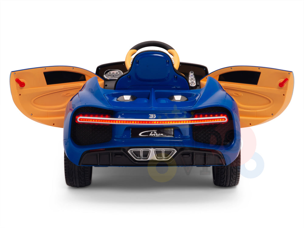 The Blue 12V Bugatti Chiron Kids Licensed Ride On Car is shown from the rear with open doors, featuring a sleek black interior, steering wheel, and red rear lights. It has rubber wheels and sits against a plain white background.