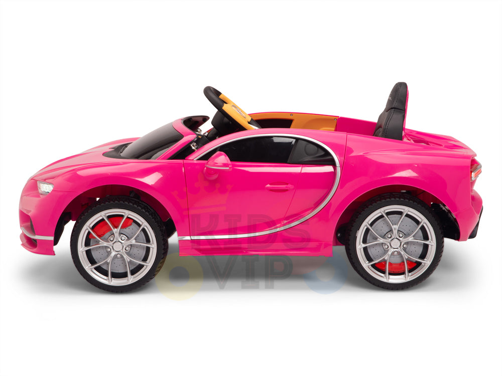The Pink 12V Bugatti Chiron Kids Licensed 1 Seater Ride-On Car features rubber wheels, silver rims, black seat, detailed design with a yellow steering wheel, and an exciting side profile view against a white background.