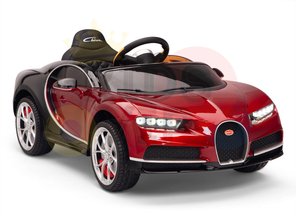 The Red 12V Bugatti Chiron Kids Licensed 1-Seater Ride-On Car features silver rubber wheels, a steering wheel, headlights, front grille logo, and remote control for convenience and safety.