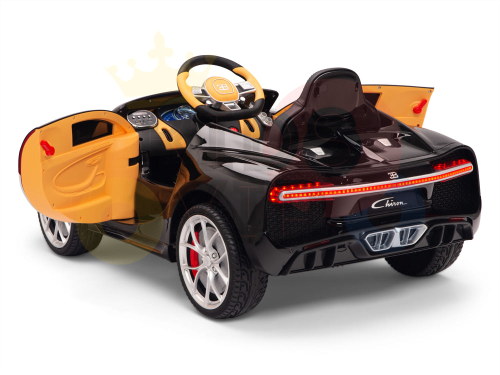 The Red 12V Bugatti Chiron Kids Licensed 1 Seater Ride On Car features open doors, a steering wheel, and detailed dashboard. Eva rubber wheels add realism. Red tail lights and dual exhausts enhance its design. It includes remote control options, all showcased on a white backdrop.