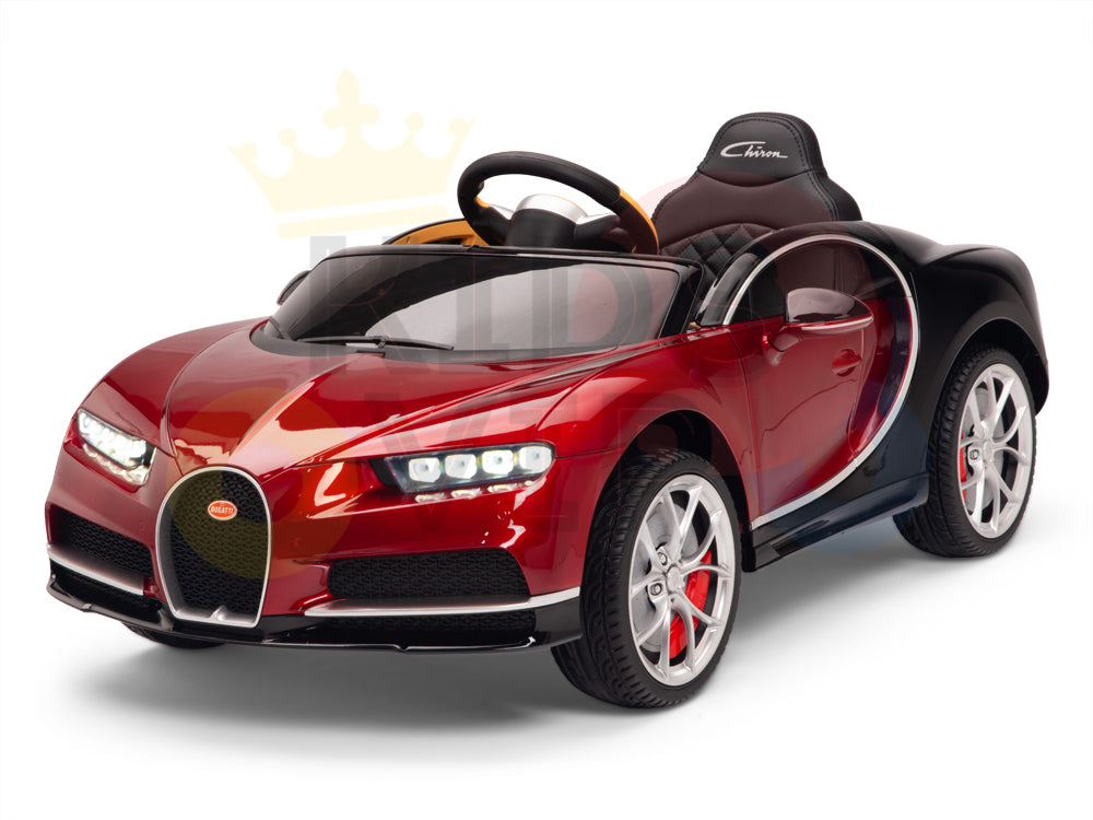 The Red 12V Bugatti Chiron Kids Licensed 1 Seater Ride On Car offers a sleek design with detailed headlights, black headrest seats, and silver rubber wheels, perfect for remote control adventures.