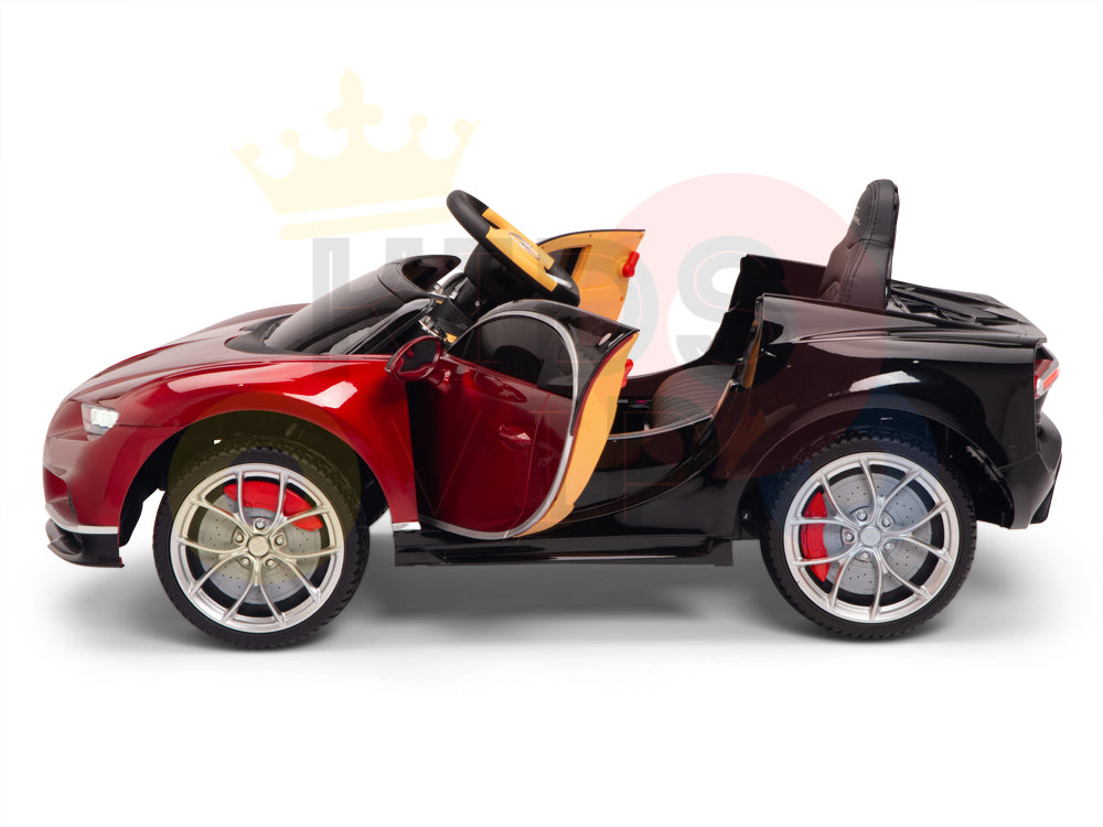 The Red 12V Bugatti Chiron Kids Licensed 1 Seater Ride-On Car showcases a vibrant red and black design with open doors, a comfy black seat, sleek silver wheels, and a sporty convertible look. It features advanced remote control functionality and durable EVA rubber wheels.