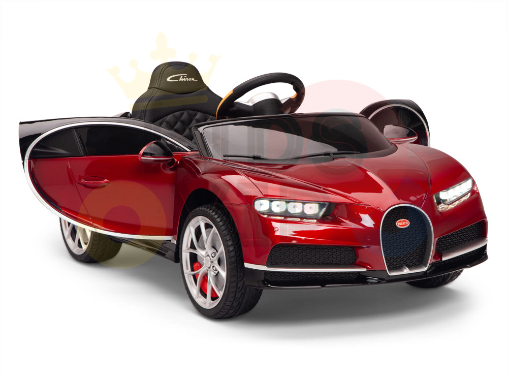 The Red 12V Bugatti Chiron Kids Licensed 1 Seater Ride On Car features a realistic design with a detailed front grille, headlights, visible steering wheel, and open door. It includes Eva rubber wheels and a remote control for extra fun during playtime.