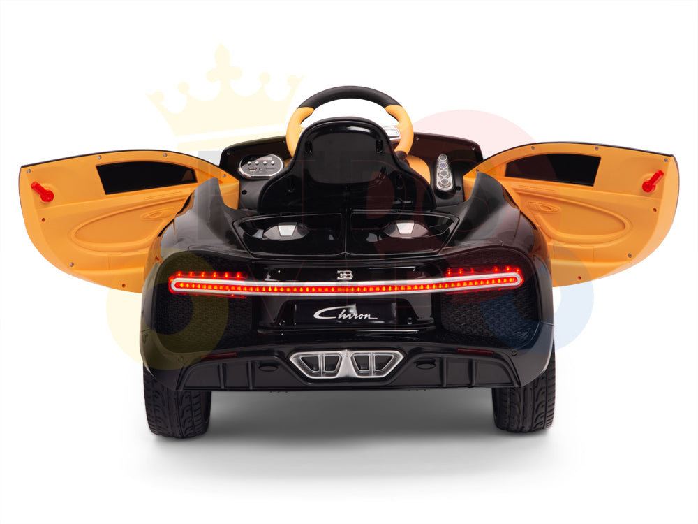 The back view shows a toy red sports car with open doors, revealing the yellow interior and steering wheel. Its detailed taillights and dual exhaust pipes are visible. This 12V Bugatti Chiron Kids Licensed 1 Seater Ride On Car has EVA rubber wheels for a smooth ride and includes a remote control.