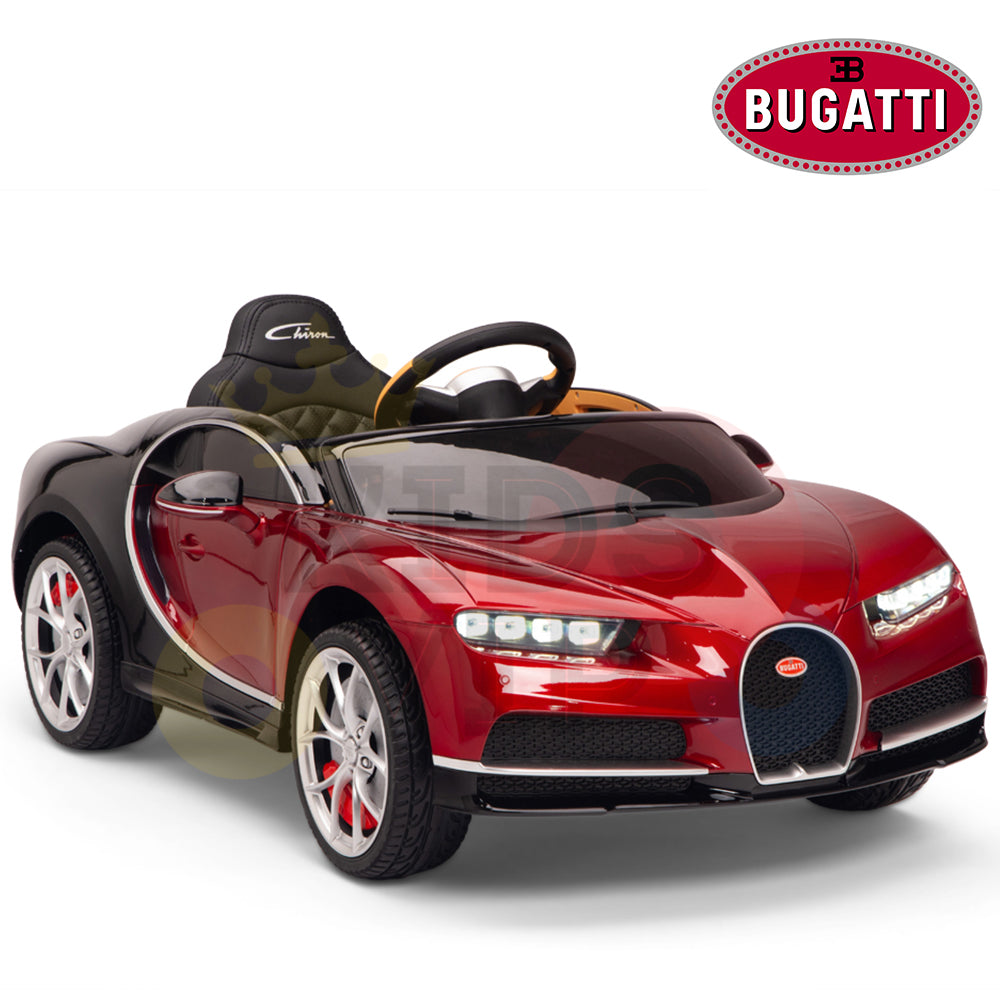 The Red 12V Bugatti Chiron Kids Licensed Ride-On Car features a sleek design with realistic details, including the iconic Bugatti logo, headlights, steering wheel, and branded Eva rubber wheels.
