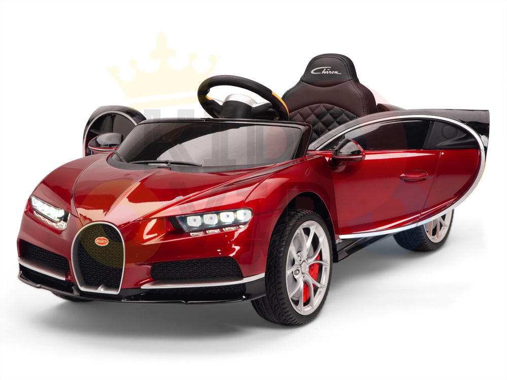 The Red 12V Bugatti Chiron Kids Licensed 1 Seater Ride On Car reflects a luxury design with open doors, a black steering wheel, detailed headlights, EVA rubber wheels, and an intricate seat design against a white background.