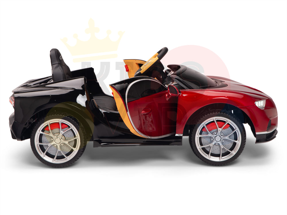 The Red 12V Bugatti Chiron Kids Licensed 1 Seater Ride On Car features a striking red and black exterior, gleaming silver rubber wheels, and a sleek black interior with an open drivers side door. Parents can use the remote control for safer play.