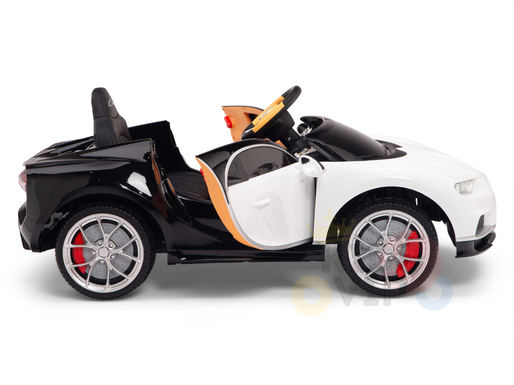 The White 12V Bugatti Chiron Kids Licensed Ride On Car features an open drivers door, red brake calipers, silver rims, and sturdy rubber wheels in a sleek side view.
