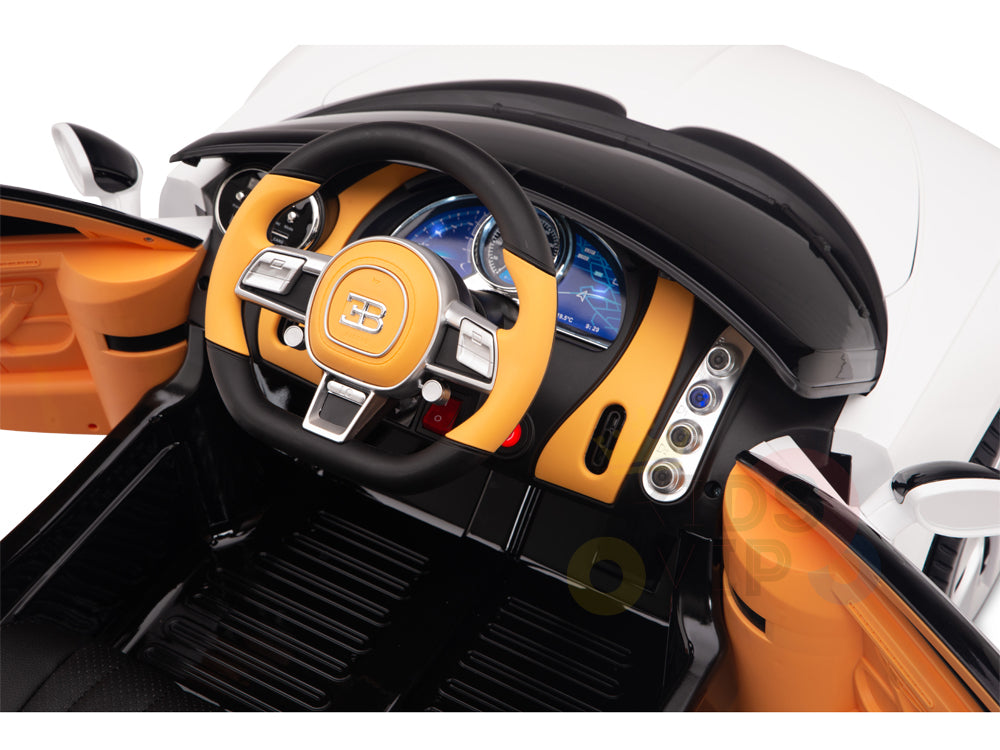 The luxury cars dashboard boasts a sleek steering wheel with a logo, digital panel, and orange-black accents. The drivers side door reveals leather-like interior and rubber wheels, akin to the White 12V Bugatti Chiron Kids Licensed Ride On Car.