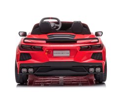 A rear-view image of a red toy resembling a Corvette C8 on a white background features black accents, detailed taillights, visible steering wheel, and Corvette on the license plate. The Kids Premium 24V model offers an exhilarating dual-seater ride with EVA wheels and leather seats.