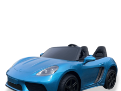 The Metallic Blue 24V XXL SuperSport Big Kids Ride On Car features eco leather seats, black wheels, a 180W brushless motor, and real tires. Perfect for two passengers, its shown against a plain white background.