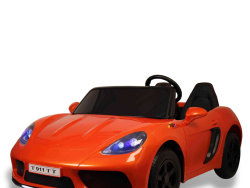 The Orange 24V XXL SuperSport Big Kids Ride On Car showcases realistic details, including headlights, side mirrors, and a license plate T 911 TT. It features a 180W brushless motor, a sleek design with black wheels, real air-filled tires, and a black interior against a white background.