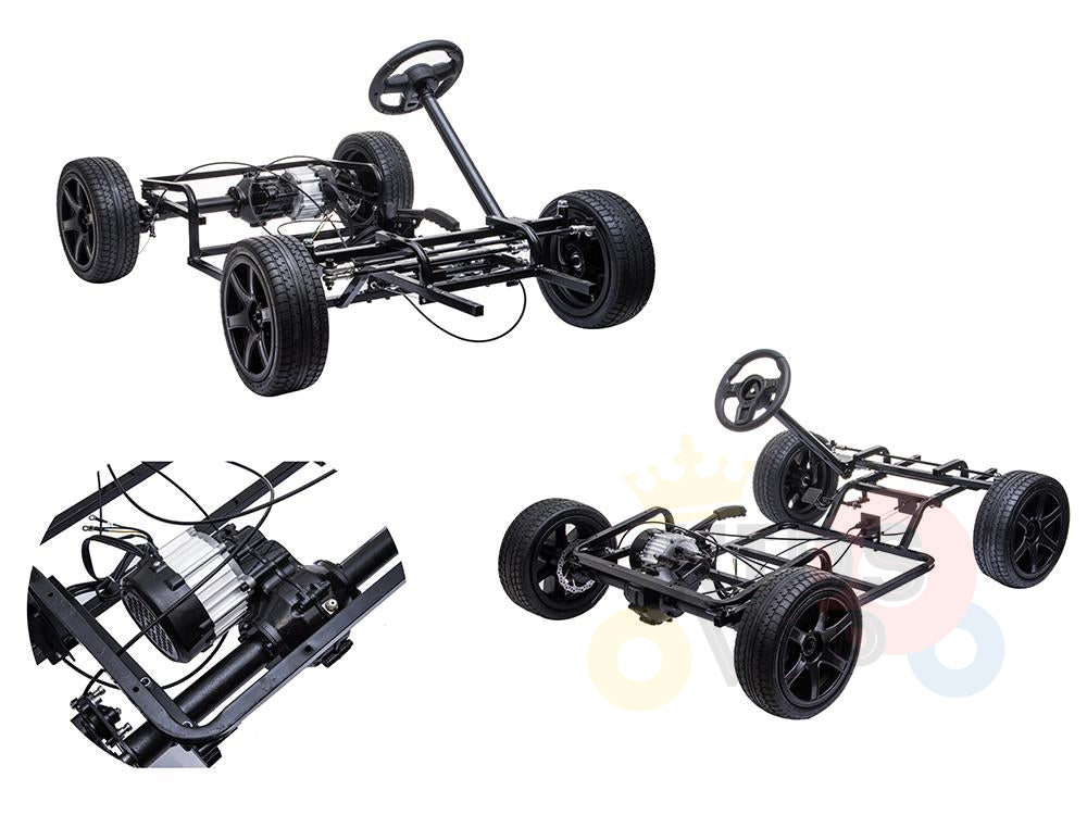 Three views of a white XXL SuperSport Ride On Car frame with a steering wheel, four real tires, and visible wiring are showcased. The frame is displayed from various angles, emphasizing the wheel setup and 180W brushless motor area.