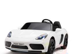 The White 24V XXL SuperSport Big Kids Ride On Car features Super Sport on its sleek design. Equipped with a 180W brushless motor, real tires, black wheels, a black steering wheel, and a dark tinted windshield, this standout toy captivates against its plain white backdrop.