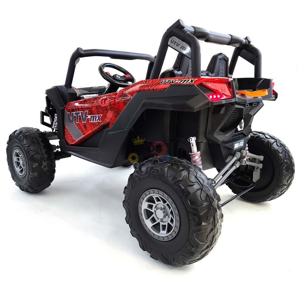 The Spyder Red XXL 2 Seats Challenger 24V MX Buggy MP4 Edition 4x4 UTV boasts a realistic off-road design with roll bars and large rugged rubber wheels, ensuring thrilling adventures for little explorers.