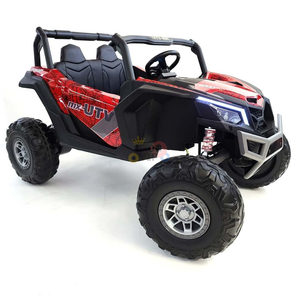 The Spyder Red XXL 2 Seats Challenger 24V MX Buggy MP4 Edition 4x4 Kids Ride On Car/UTV resembles an off-road vehicle, featuring large black rubber wheels and a bold red and black exterior. This adventurous toy includes two seats, headlights, and a steering wheel for a realistic experience.