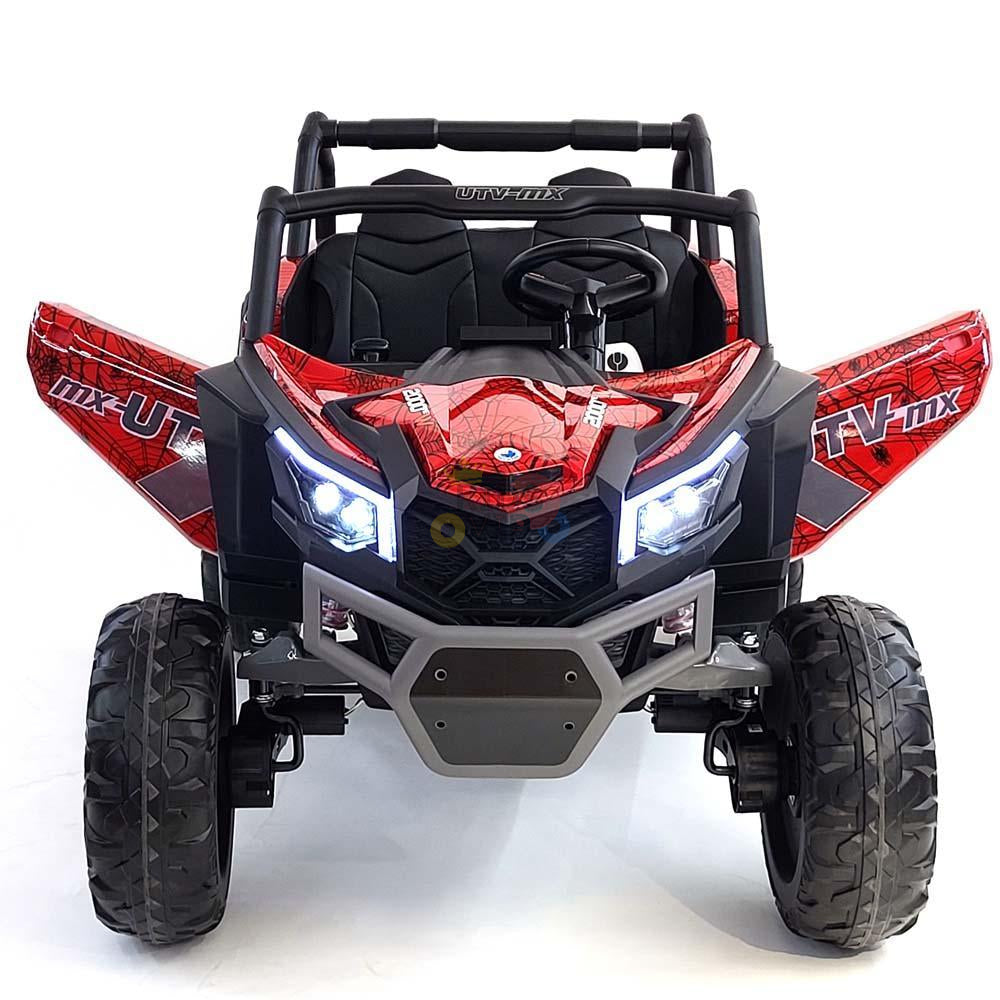 The Spyder Red XXL 2 Seats Challenger 24V MX Buggy MP4 Edition is a sporty kids ride-on UTV with RC, rubber off-road tires, LED headlights, and black accents. Resembling an ATV, it features a steering wheel and comfortable seat for adventurous young drivers.