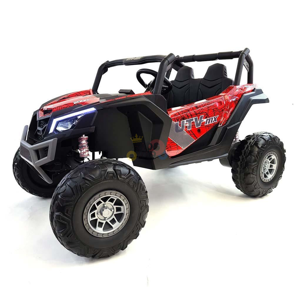 The Spyder Red XXL 2 Seats Challenger 24V MX Buggy MP4 Edition is a red and black kids ride-on car styled as an off-road UTV with UTV mx on the side. It features large rubber wheels, a roll cage, front bumper, and seating for two, offering rugged realism for adventurous playtime.