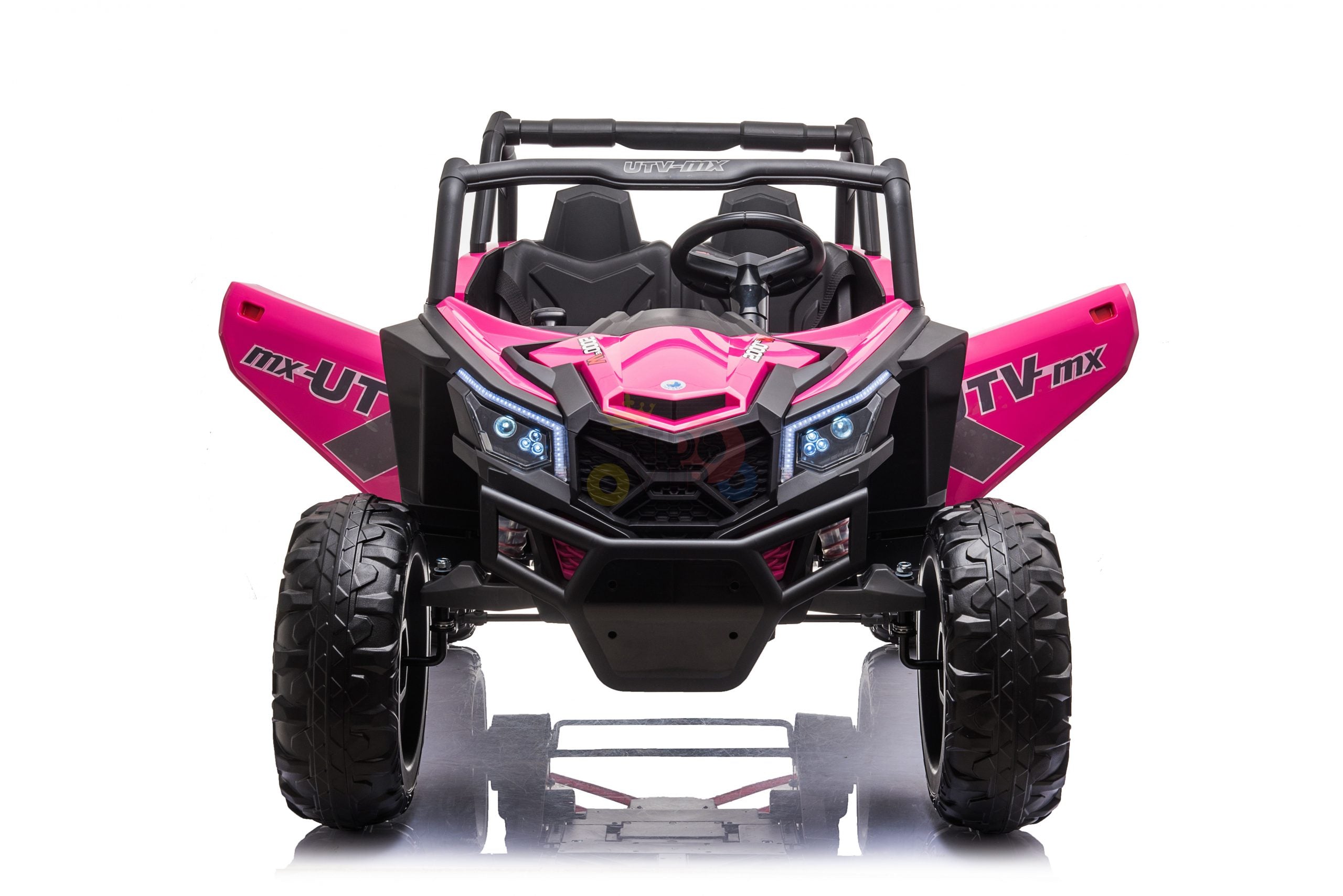 A pink XXL 2 Seats Challenger MX Buggy 24V Edition Kids Ride On Car/UTV with RC, featuring large black rubber wheels, side decals, open doors, and a steering wheel, faces forward against a white background with a slight reflection.